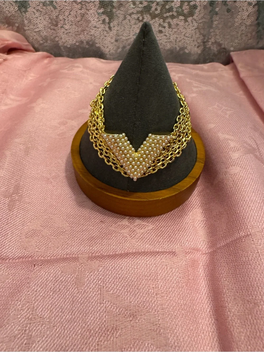 Louis Vuitton Gold-Tone Multi-Chain Necklace with Pearl V-Plaque